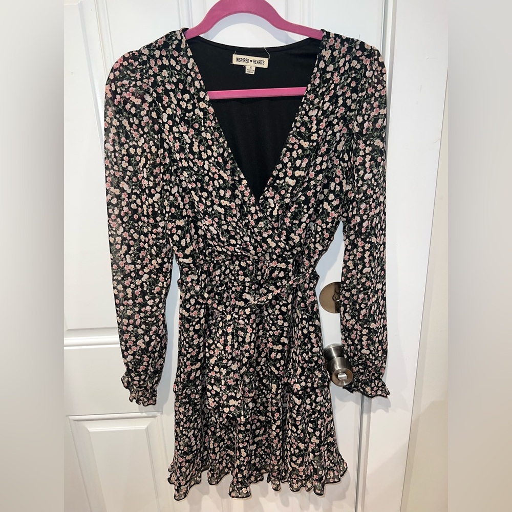 Inspired Hearts Black and Pink Floral Long Sleeve Dress